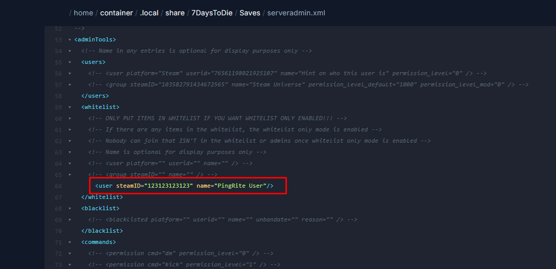 Example of a completed whitelist in serveradmin.xml
