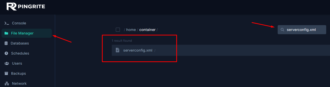 Opening the serverconfig.xml file in the server file manager