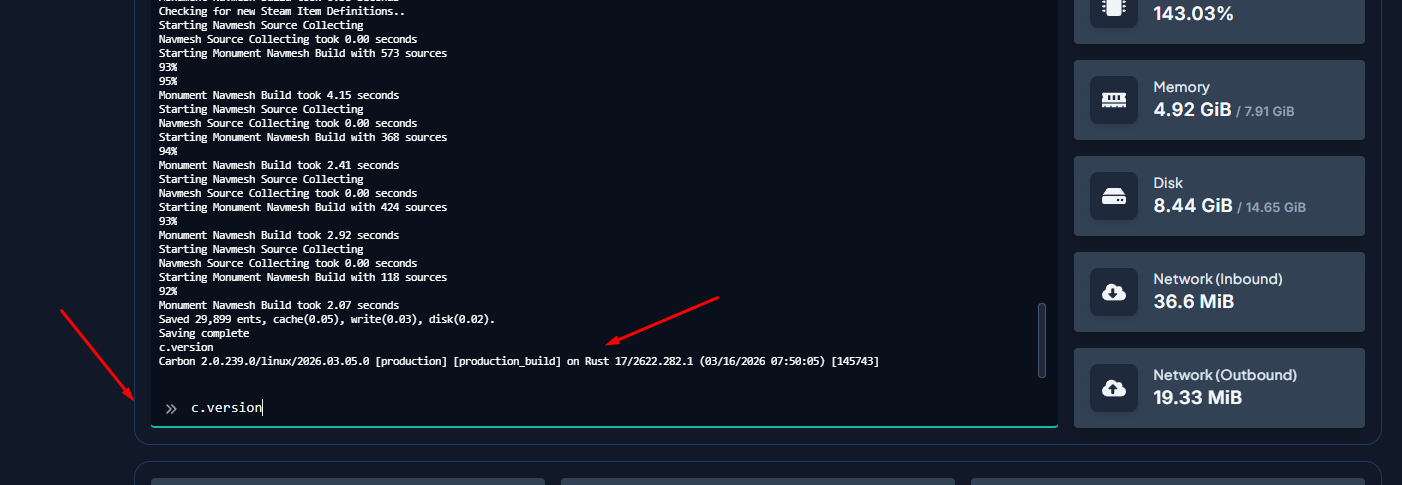 Running c.version in the server console to verify Carbon installation