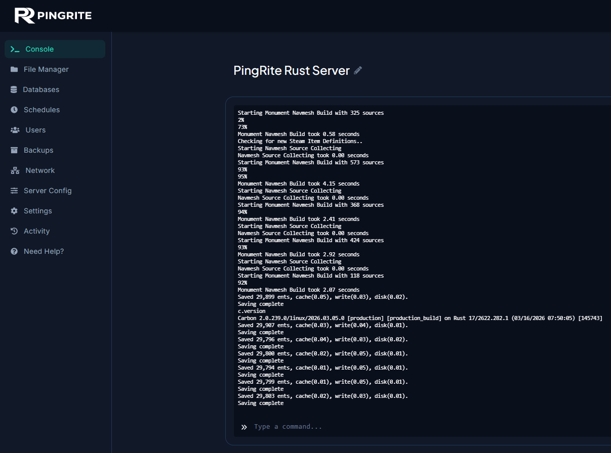 The Console page in the Rust server control panel