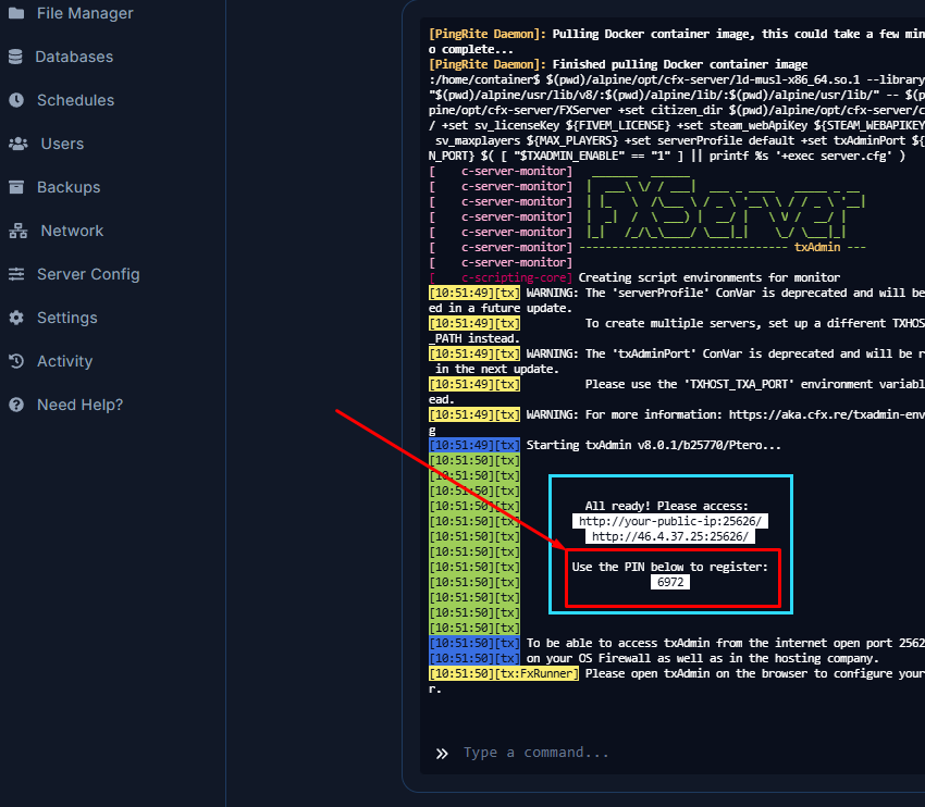 FiveM or RedM server txAdmin registration pin printing in console