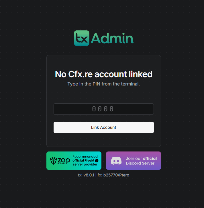 Entering your server pin on Cfx.re