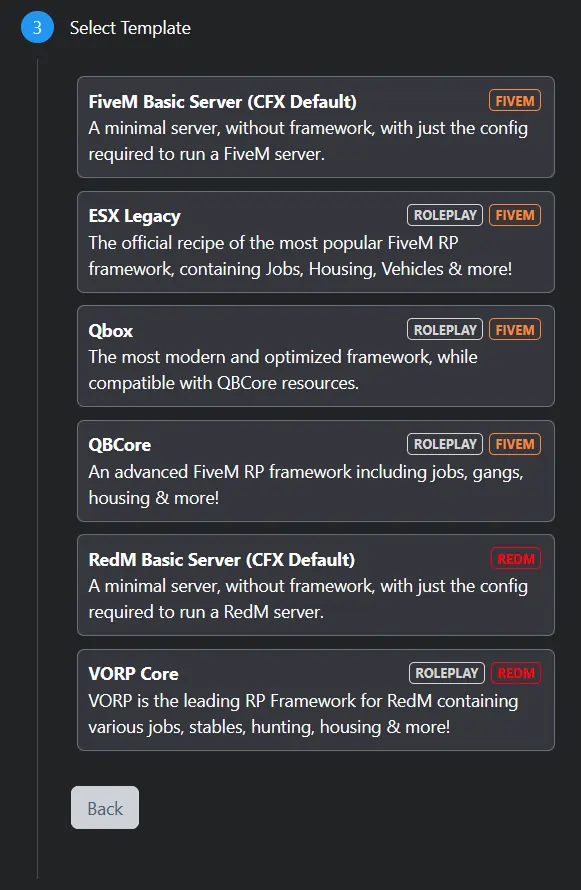 Select your preferred server template