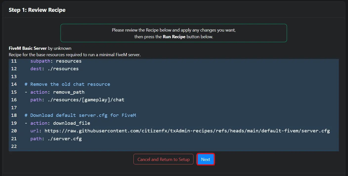 Review the generated recipe and click next
