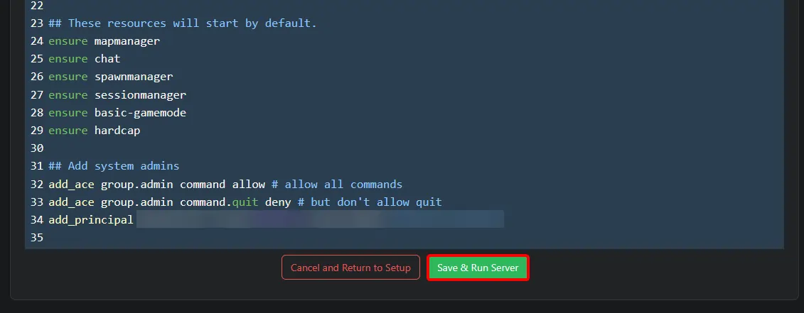txAdmin Save and Run Server highlighted