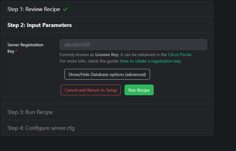 Showing the database options in txAdmin setup
