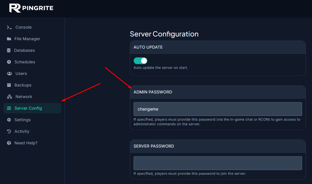 Setting an admin password in the Palworld server config