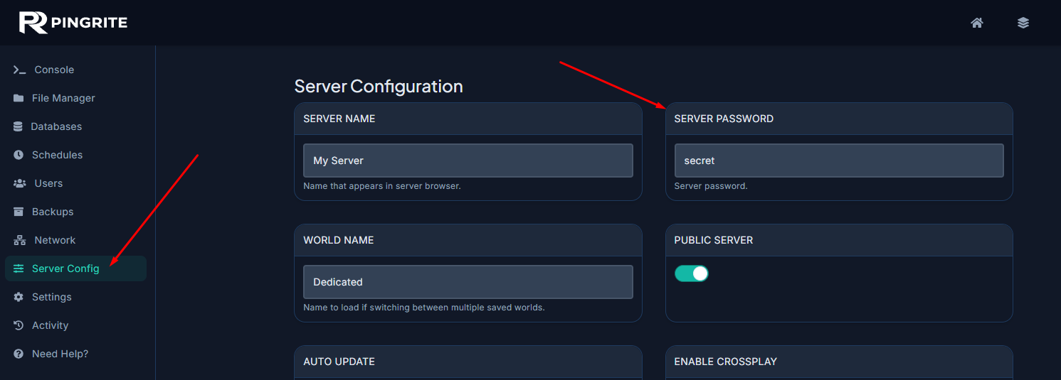 Valheim server settings screen showing the password configuration
