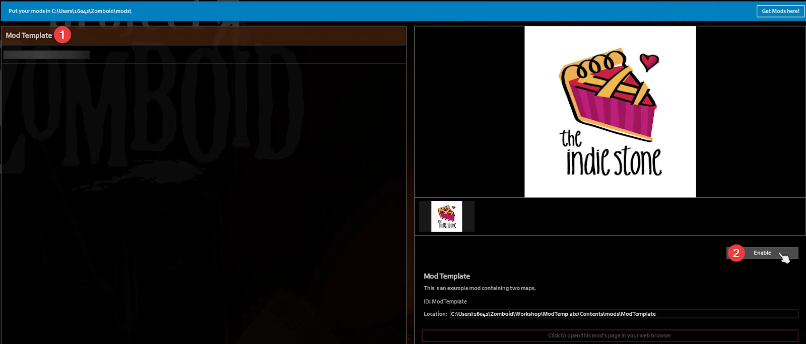 Enabling a mod in the Project Zomboid main menu