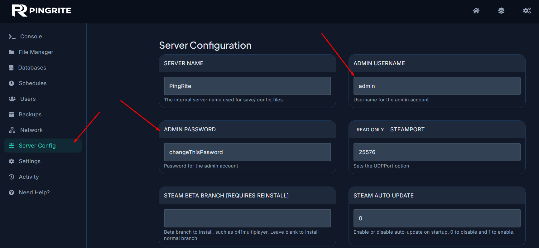 Project Zomboid server with the Config button highlighted