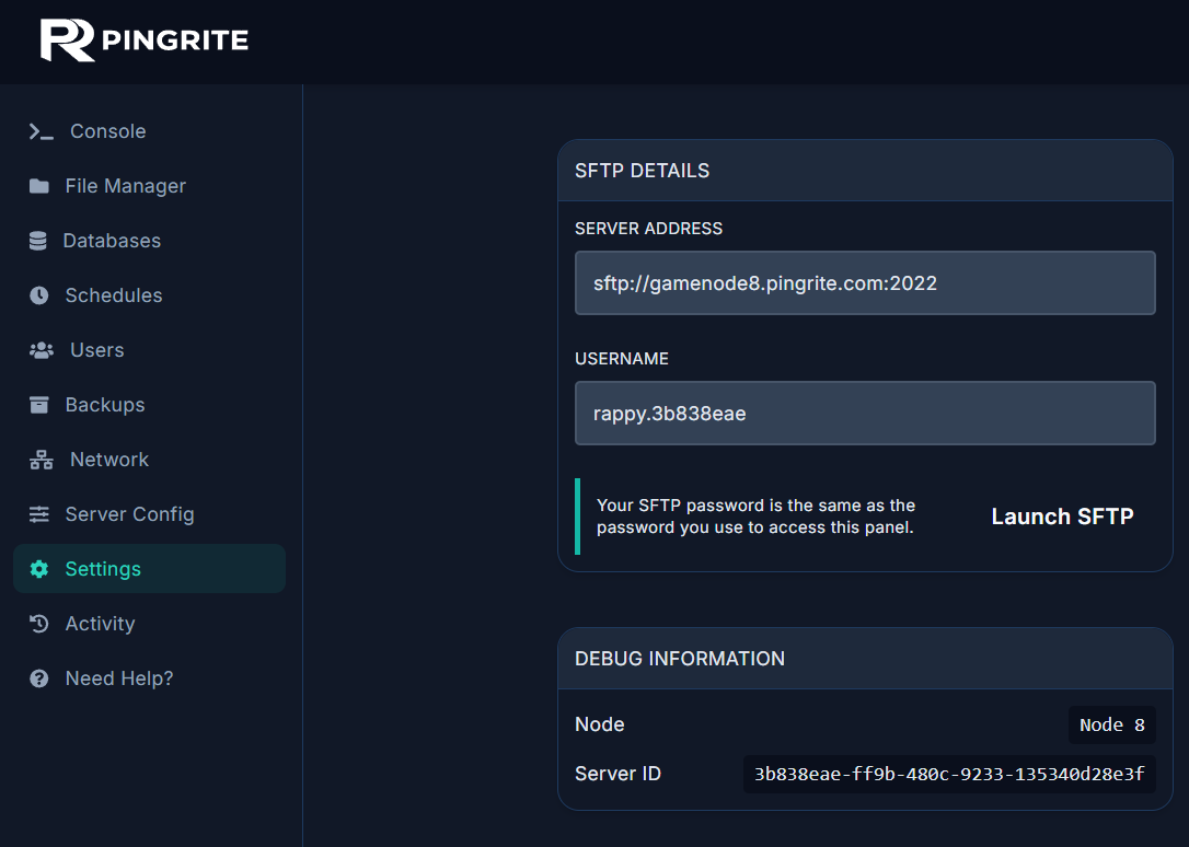 Control panel displaying SFTP connection details