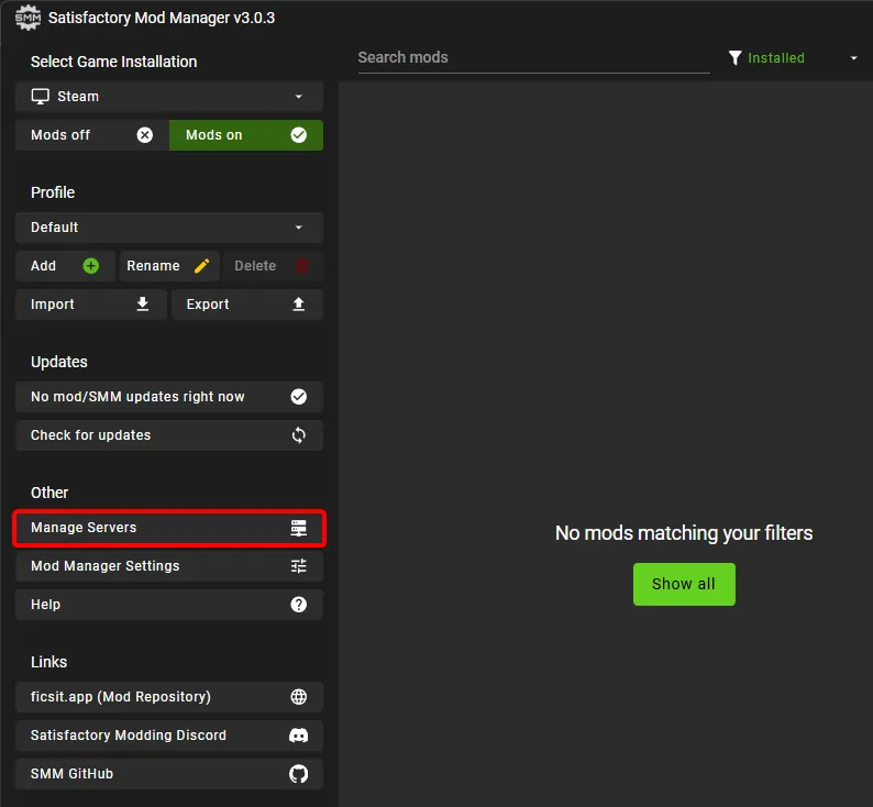 Satisfactory Mod Manager with Manage Servers selected