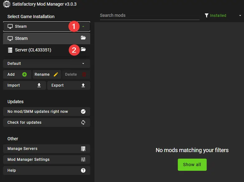 Satisfactory Mod Manager showing available game installations