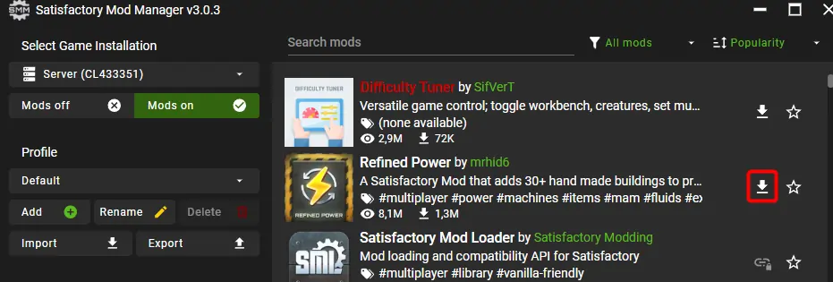 Satisfactory Mod Manager listing available mods