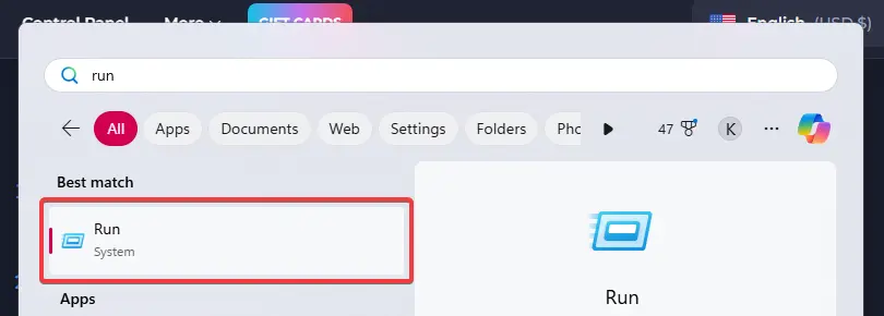 Opening the Run dialog from the Windows start menu
