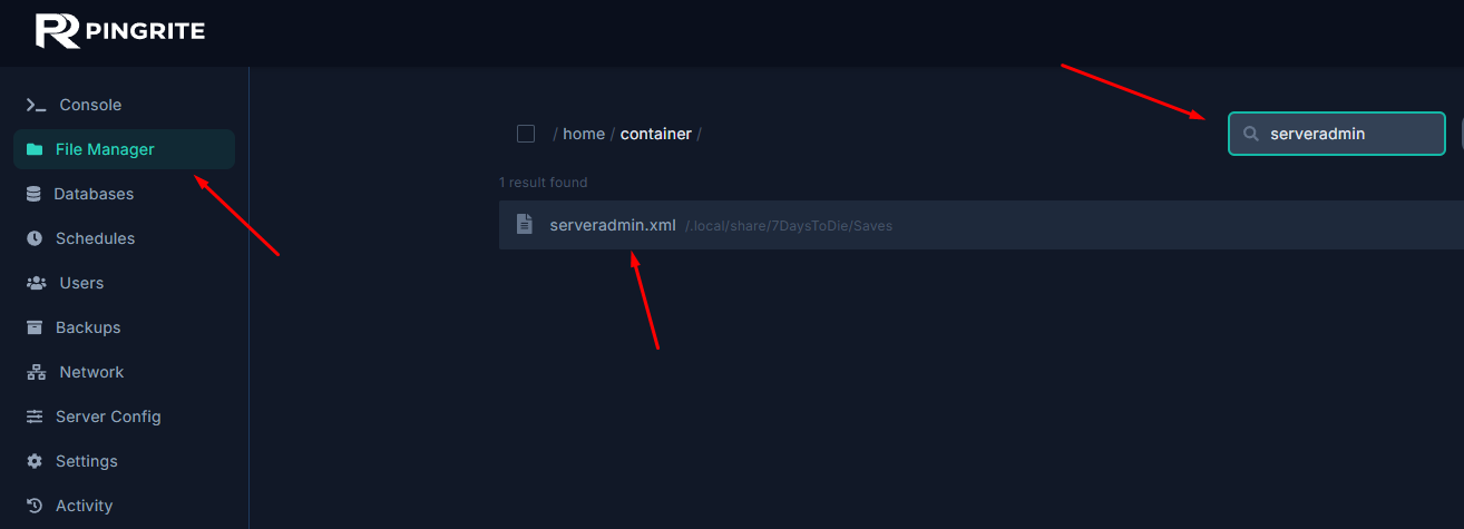Opening the serveradmin.xml file in the server file manager