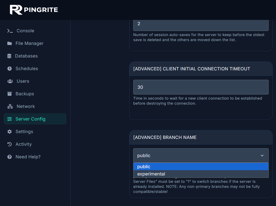 Server control panel highlighting the server type selector