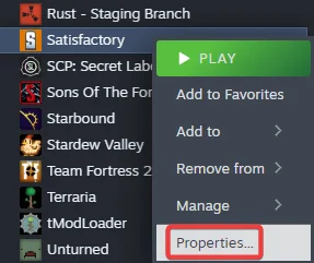Steam Library showing the right-click context menu for Satisfactory