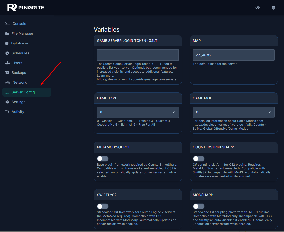 Opening the Config tab in the CS2 server control panel