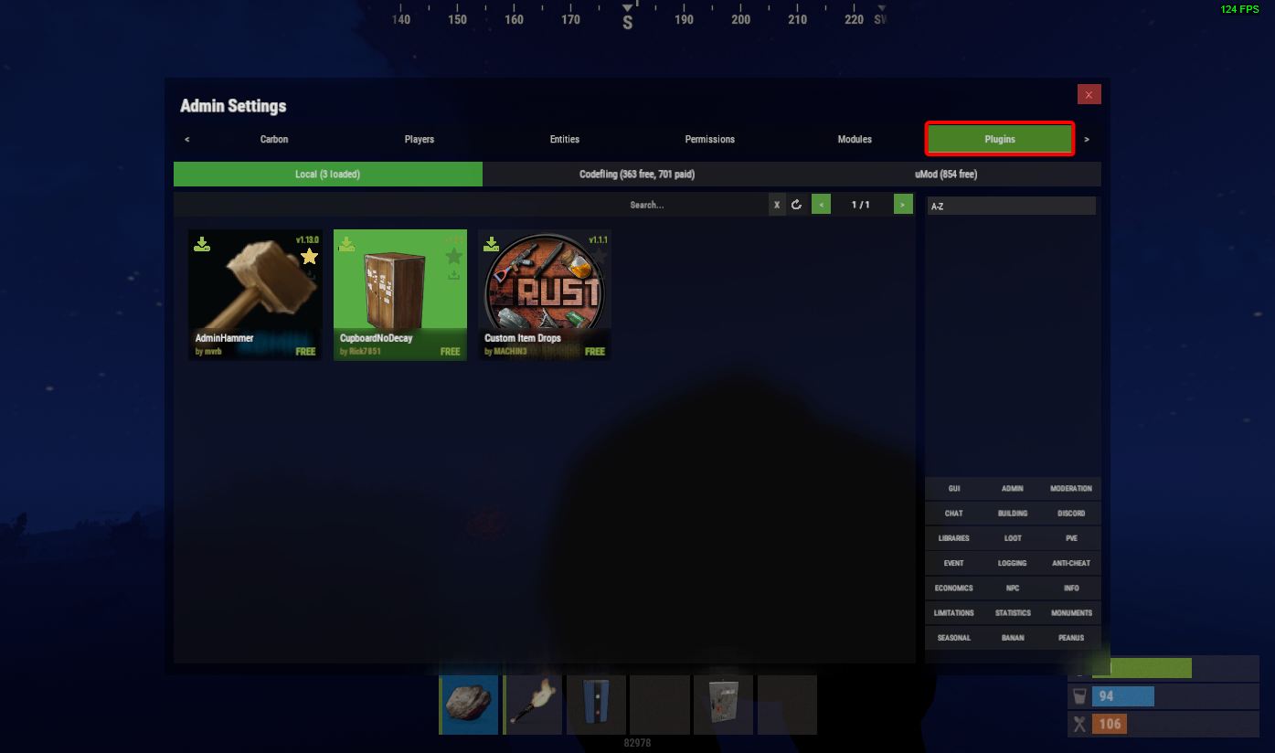 The Plugins tab appearing in the Carbon panel