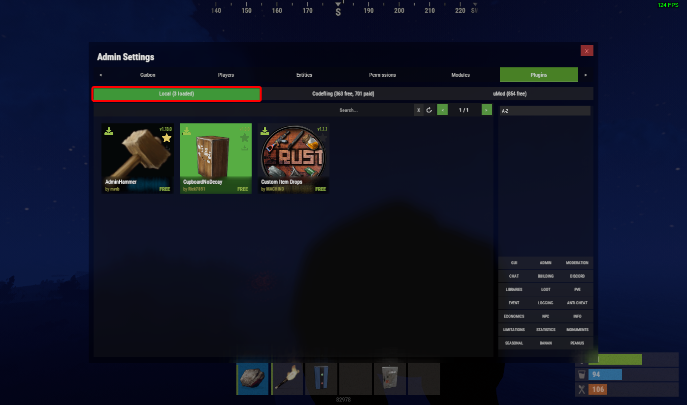 Loaded plugins listed in the Local tab