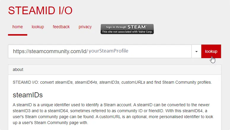 Entering a Steam username into the SteamID lookup tool