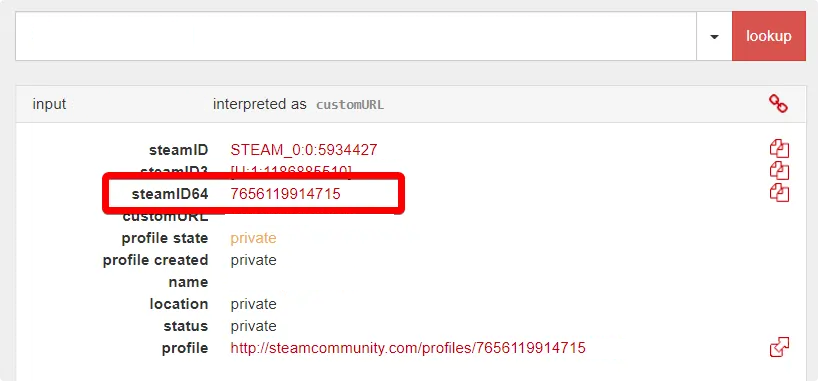 The steamID64 value shown in the lookup results