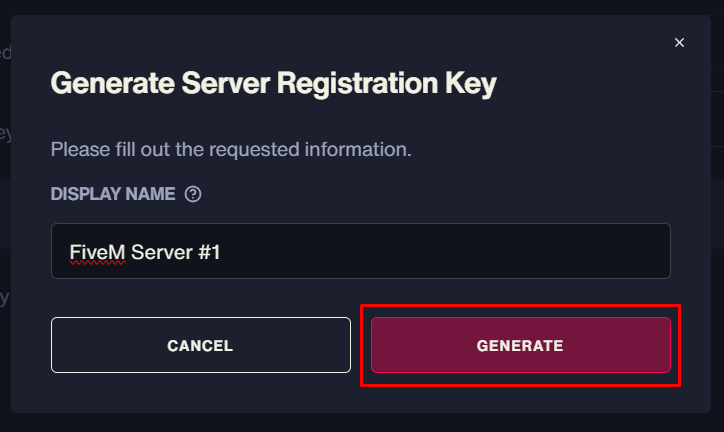 Entering a display name and generating a Cfx.re Registration Key