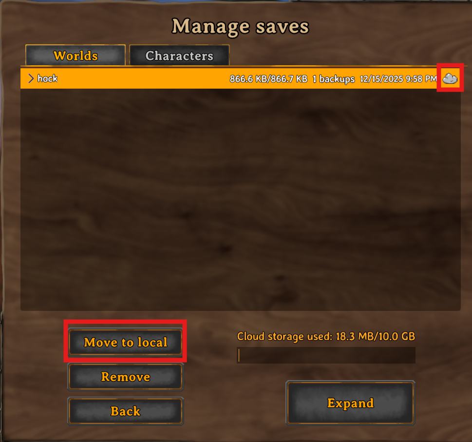 Valheim manage saves screen showing the Move to Local option